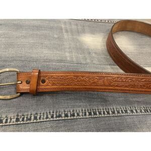 vintage‎ USA made TOOLED buckle belt 46/48 cowhide WESTERN leather ACORN B24